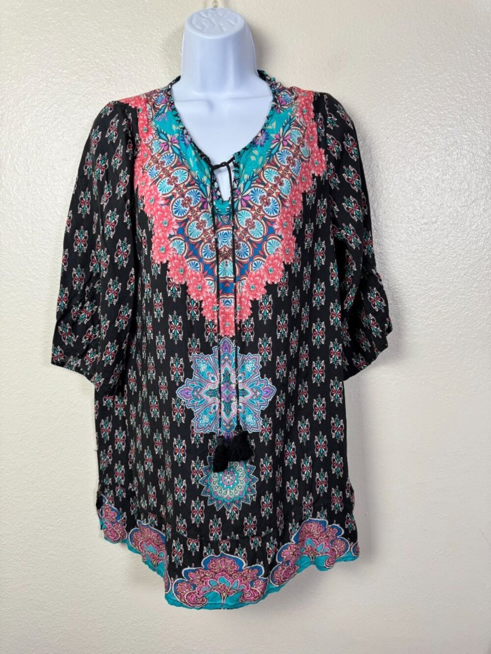 Tolani Collection Boho Tunic Dress 100% Modal Womens XS 3/4 Sleeve V-Neck Tassel